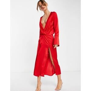 ASOS Satin Red Bias Cut Draped Midi Dress Backless Plunging Sexy 4 Silky